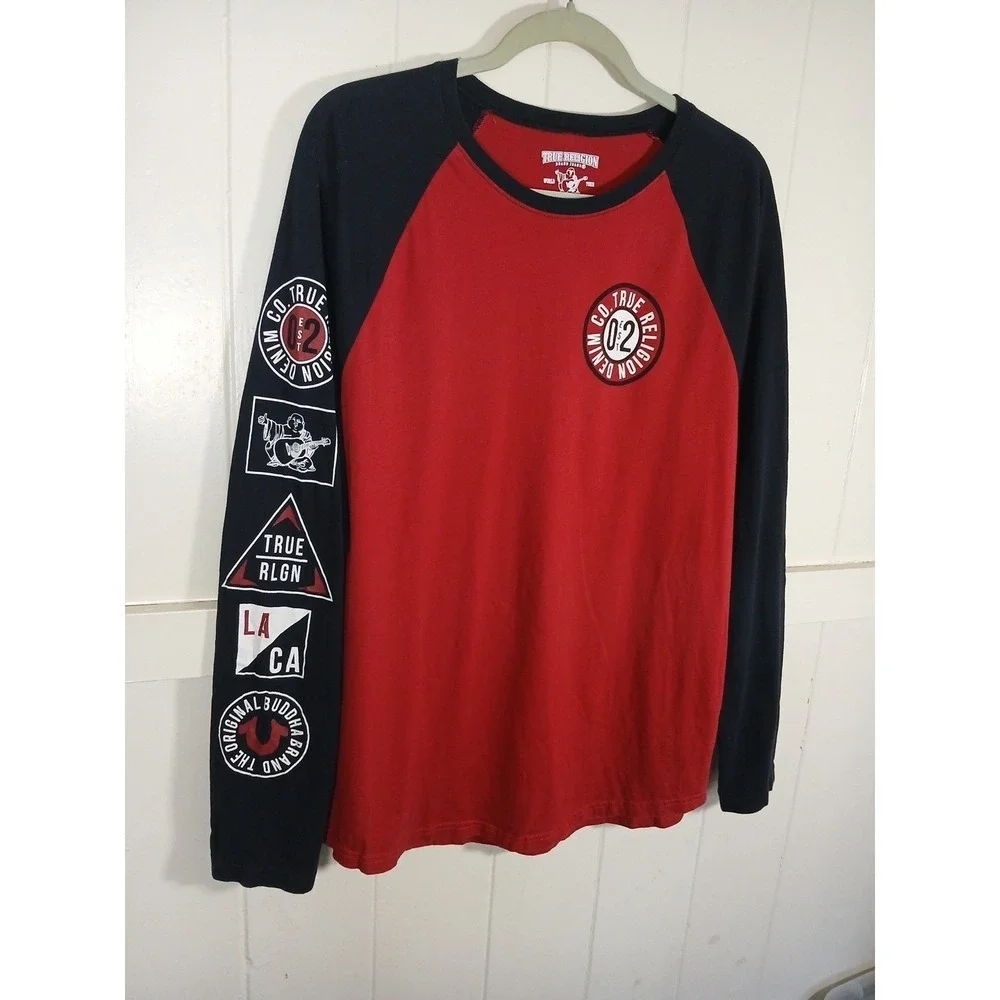 True Religion Raglan Shirt Logo Long Sleeve Graphic Tee Men's Large Red Cotton